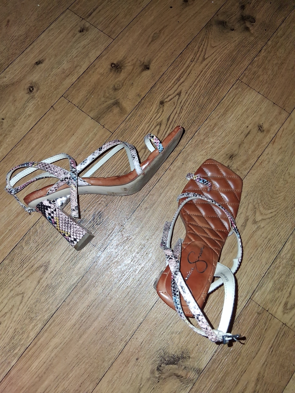 Jessica Simpson Brown Quilted Block Heel Sandals with Snakeskin Straps